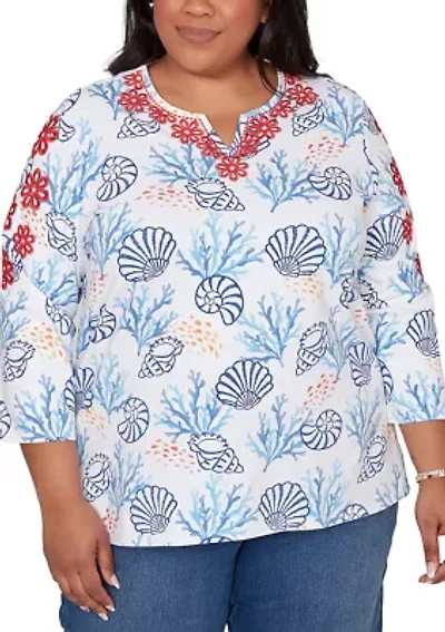 Plus Port Side Shell Print Top with Embroidery