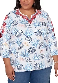 Plus Port Side Shell Print Top with Embroidery