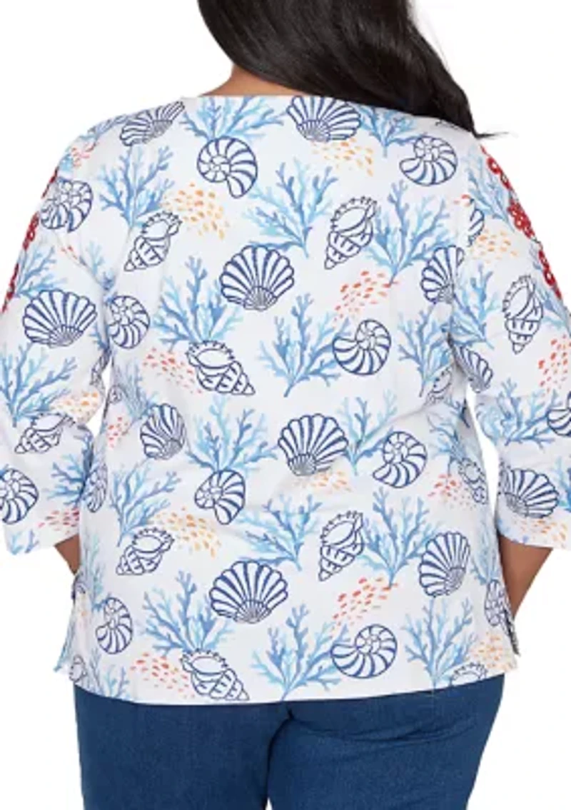 Plus Port Side Shell Print Top with Embroidery