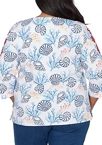 Plus Port Side Shell Print Top with Embroidery