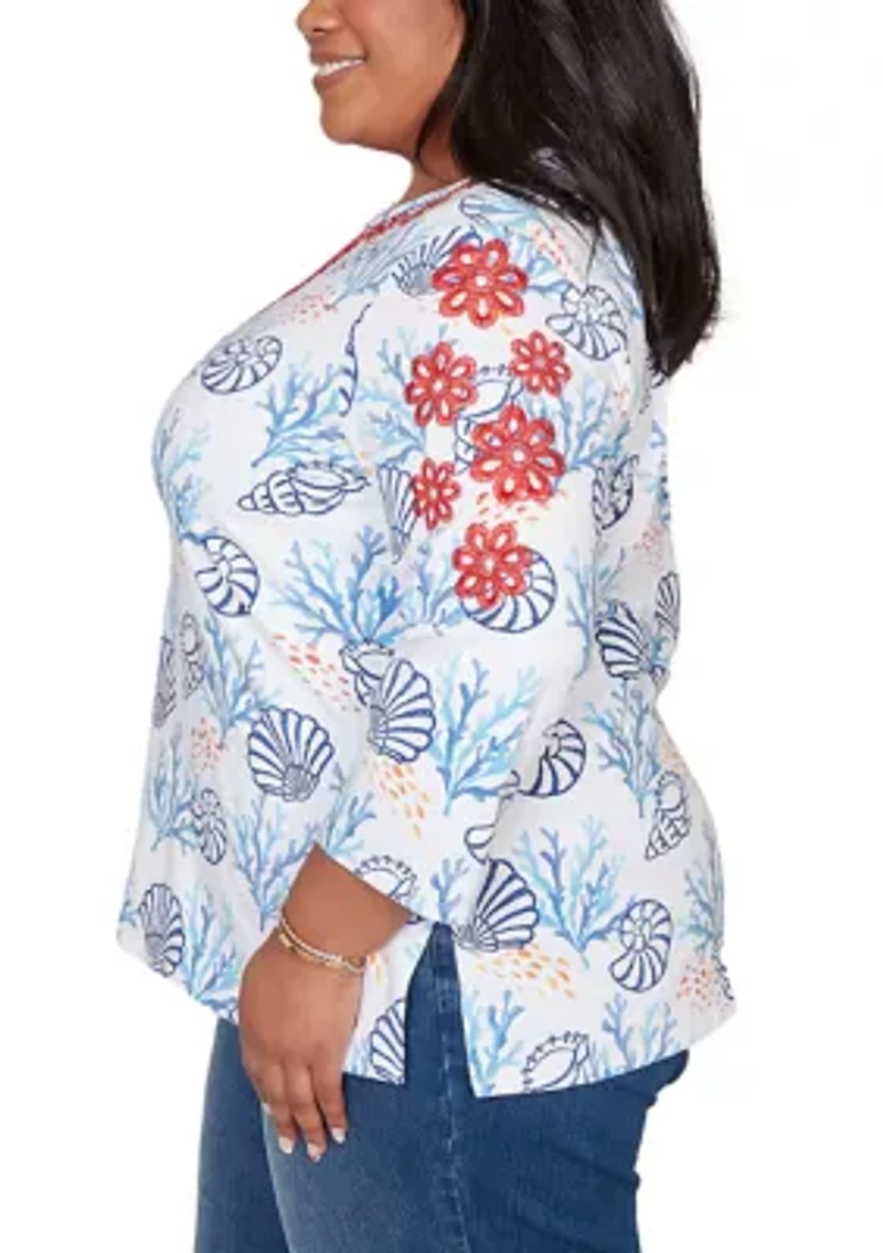 Plus Port Side Shell Print Top with Embroidery