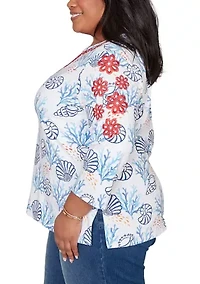 Plus Port Side Shell Print Top with Embroidery