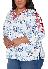 Plus Port Side Shell Print Top with Embroidery