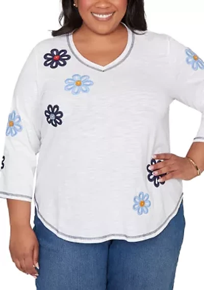 Plus Port Side Button Floral Top