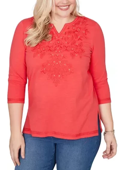 Petite Port Side Tonal Embroidered Yoke Top
