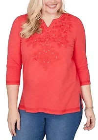 Petite Port Side Tonal Embroidered Yoke Top