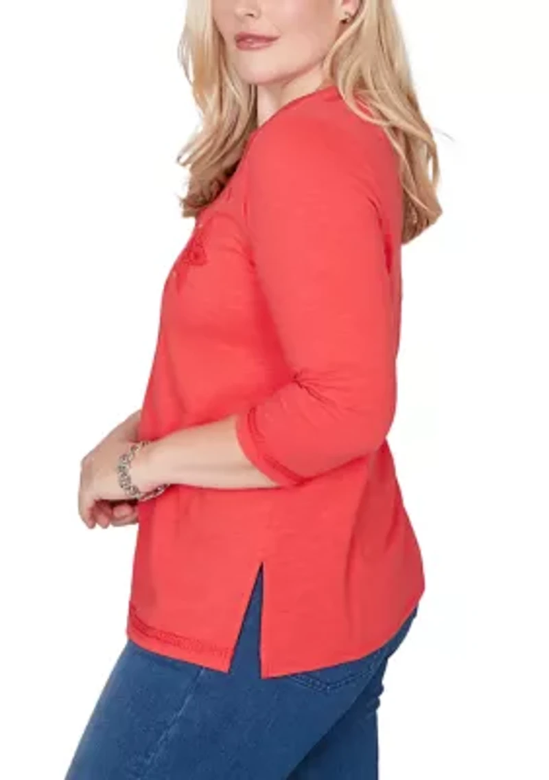 Petite Port Side Tonal Embroidered Yoke Top