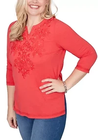 Petite Port Side Tonal Embroidered Yoke Top