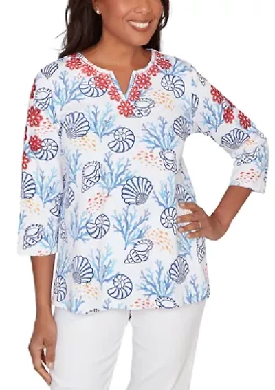 Petite Port Side Shell Print Top with Embroidery