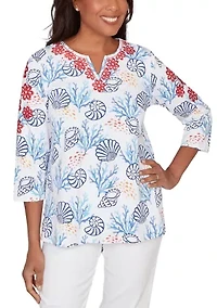 Petite Port Side Shell Print Top with Embroidery