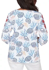 Petite Port Side Shell Print Top with Embroidery