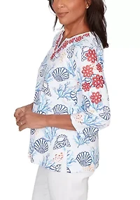 Petite Port Side Shell Print Top with Embroidery