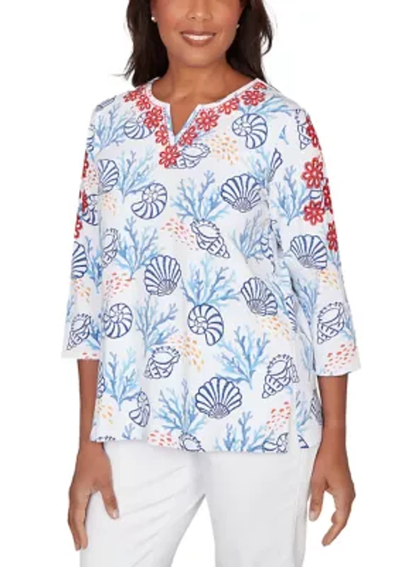 Petite Port Side Shell Print Top with Embroidery
