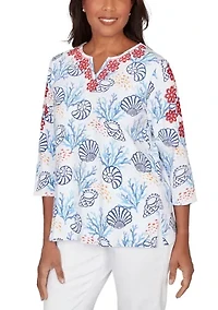 Petite Port Side Shell Print Top with Embroidery