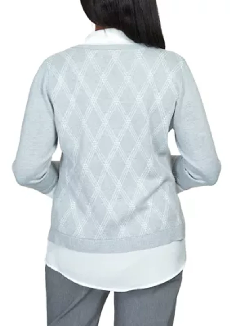 Petite Point of View Diamond Sweater with Built Collared Undershirt
