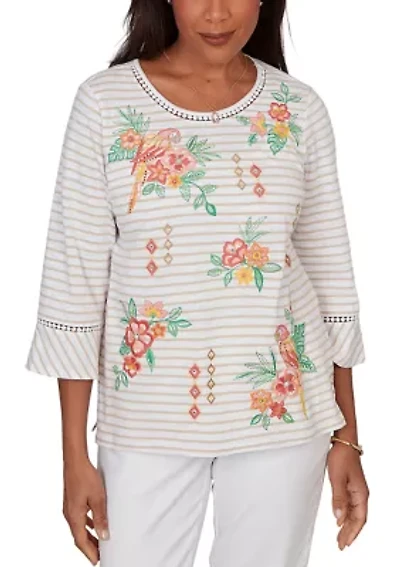 Women's Resort Living Stripe Parrot Embroidery Top