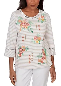 Women's Resort Living Stripe Parrot Embroidery Top