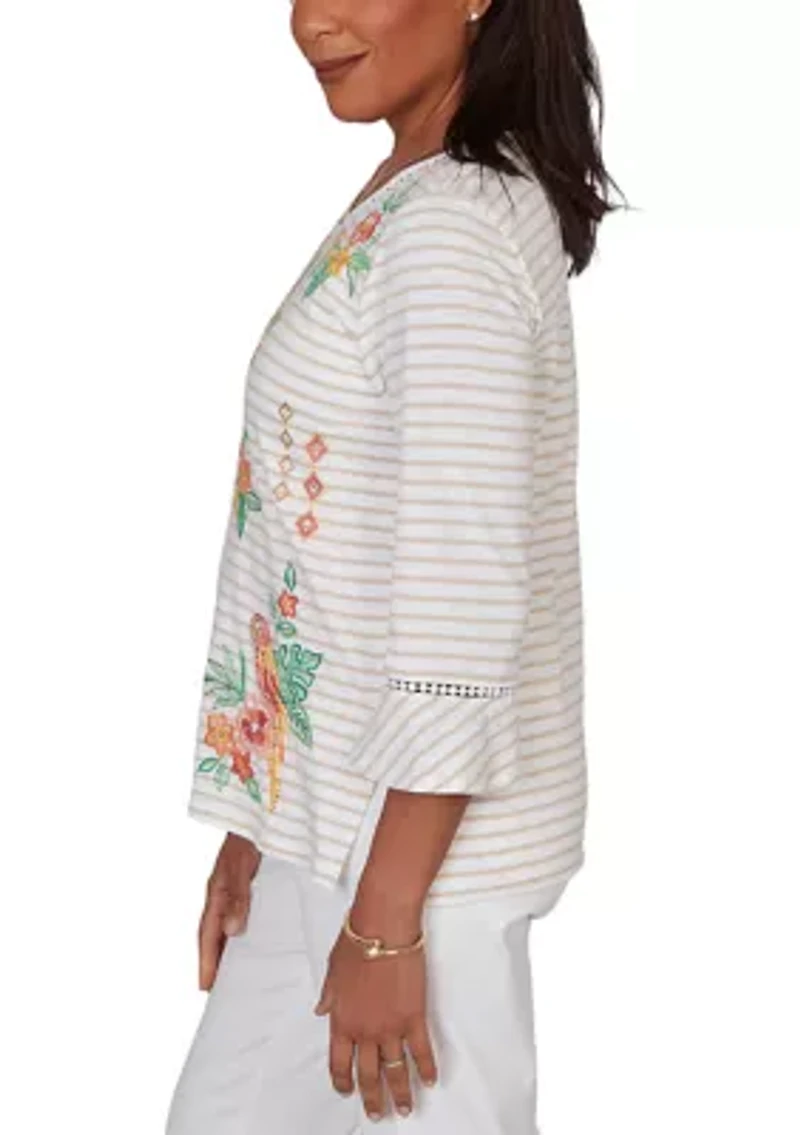 Women's Resort Living Stripe Parrot Embroidery Top