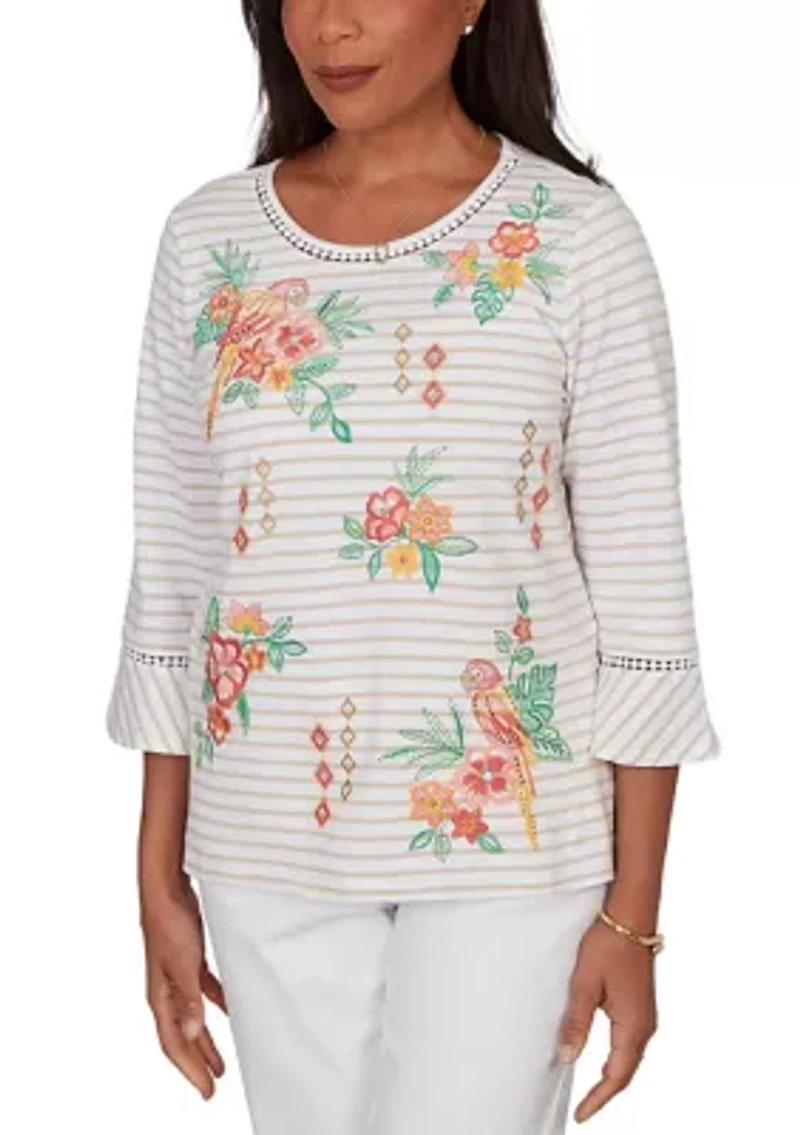 Women's Resort Living Stripe Parrot Embroidery Top