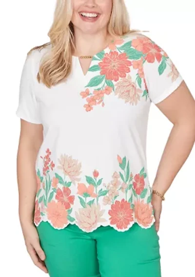 Women's Resort Living Scallop Border Floral T-Shirt