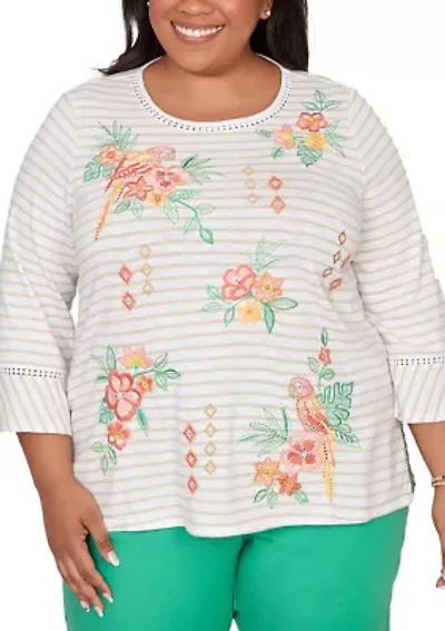 Plus Resort Living Stripe Parrot Embroidery Top