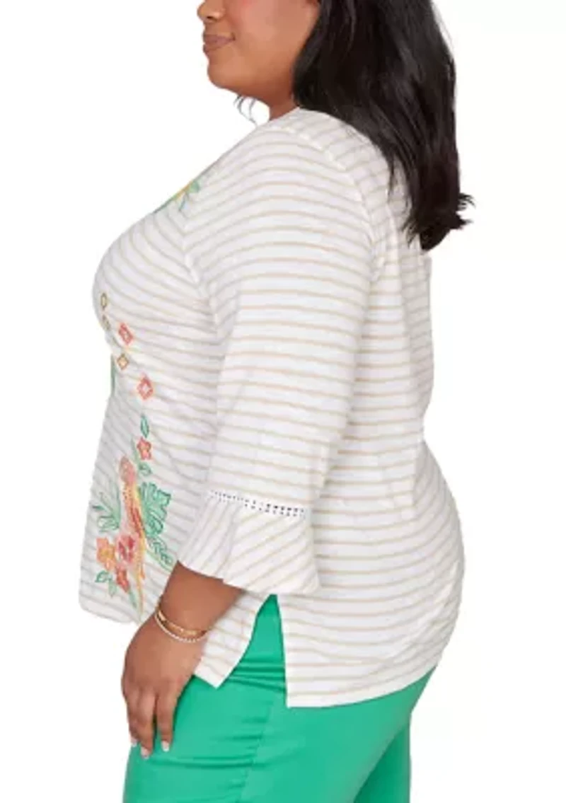 Plus Resort Living Stripe Parrot Embroidery Top