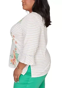 Plus Resort Living Stripe Parrot Embroidery Top