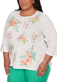 Plus Resort Living Stripe Parrot Embroidery Top