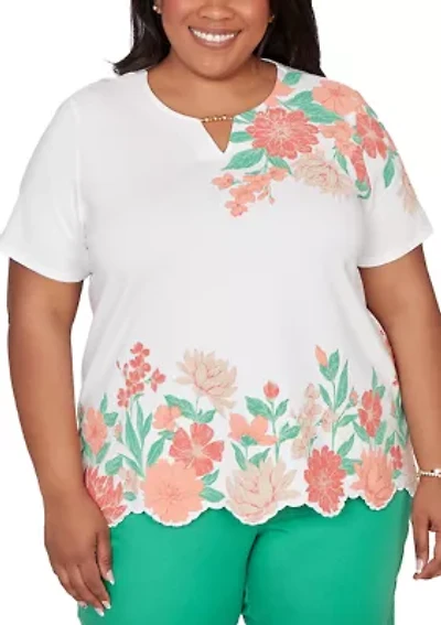 Plus Resort Living Scallop Border Floral Top