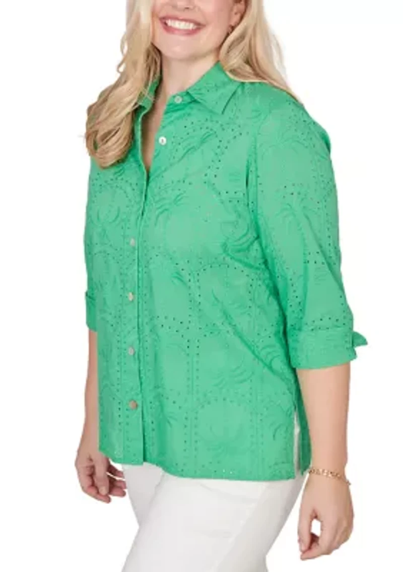 Petite Resort Living Palm Tree Eyelet Shirt