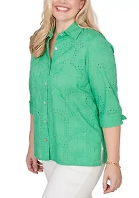Petite Resort Living Palm Tree Eyelet Shirt