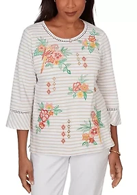 Petite Resort Living Stripe Parrot Embroidery Top