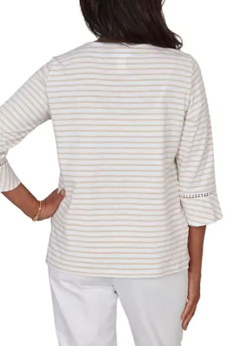 Petite Resort Living Stripe Parrot Embroidery Top