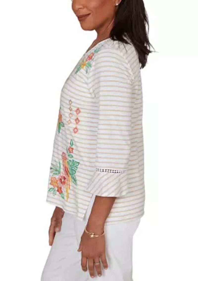 Petite Resort Living Stripe Parrot Embroidery Top