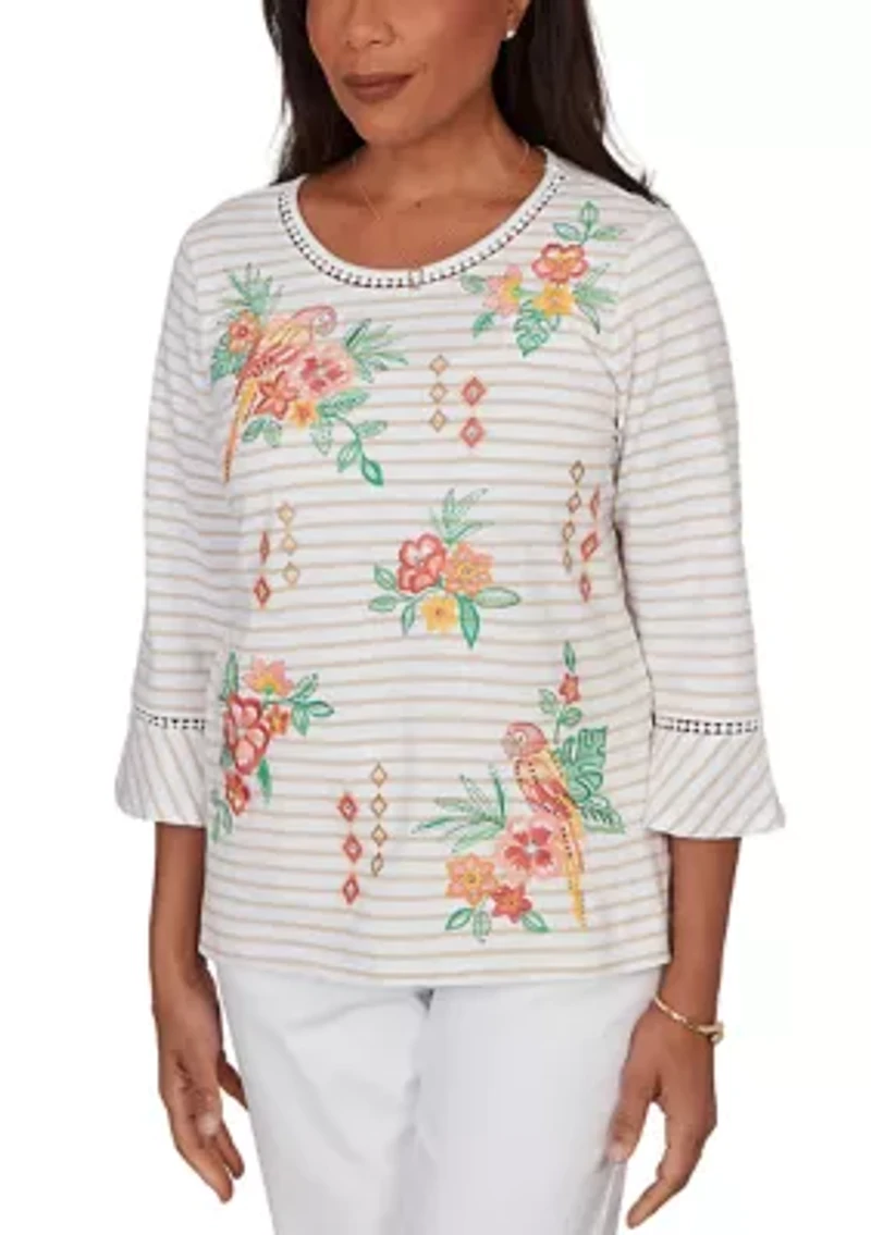 Petite Resort Living Stripe Parrot Embroidery Top