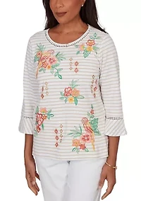 Petite Resort Living Stripe Parrot Embroidery Top