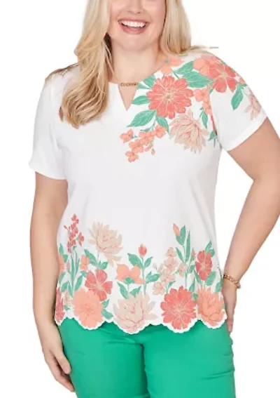 Petite Resort Living Scallop Border Floral Top