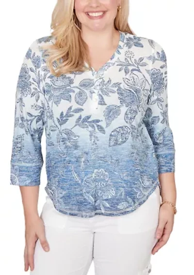 Women's Out Of The Blue Ombre Batik Floral Top