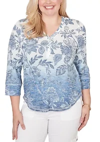 Women's Out Of The Blue Ombre Batik Floral Top