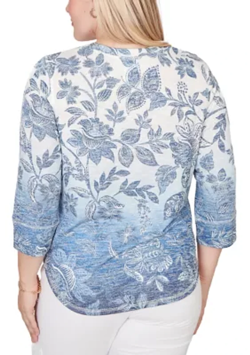 Women's Out Of The Blue Ombre Batik Floral Top
