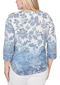 Women's Out Of The Blue Ombre Batik Floral Top