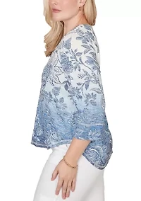 Women's Out Of The Blue Ombre Batik Floral Top