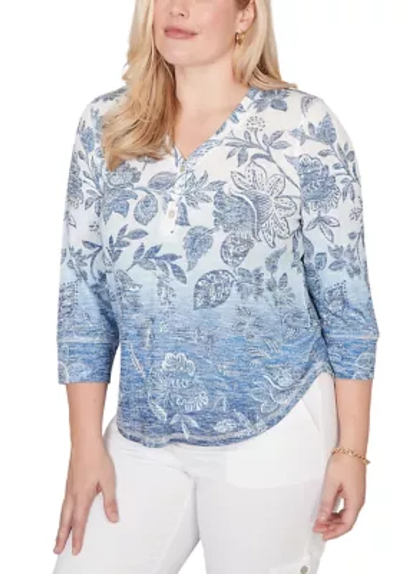 Women's Out Of The Blue Ombre Batik Floral Top