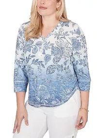 Women's Out Of The Blue Ombre Batik Floral Top