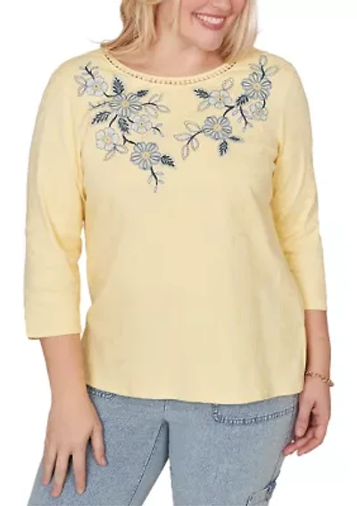 Women's Out Of The Blue Yoke Floral Embroidery Top
