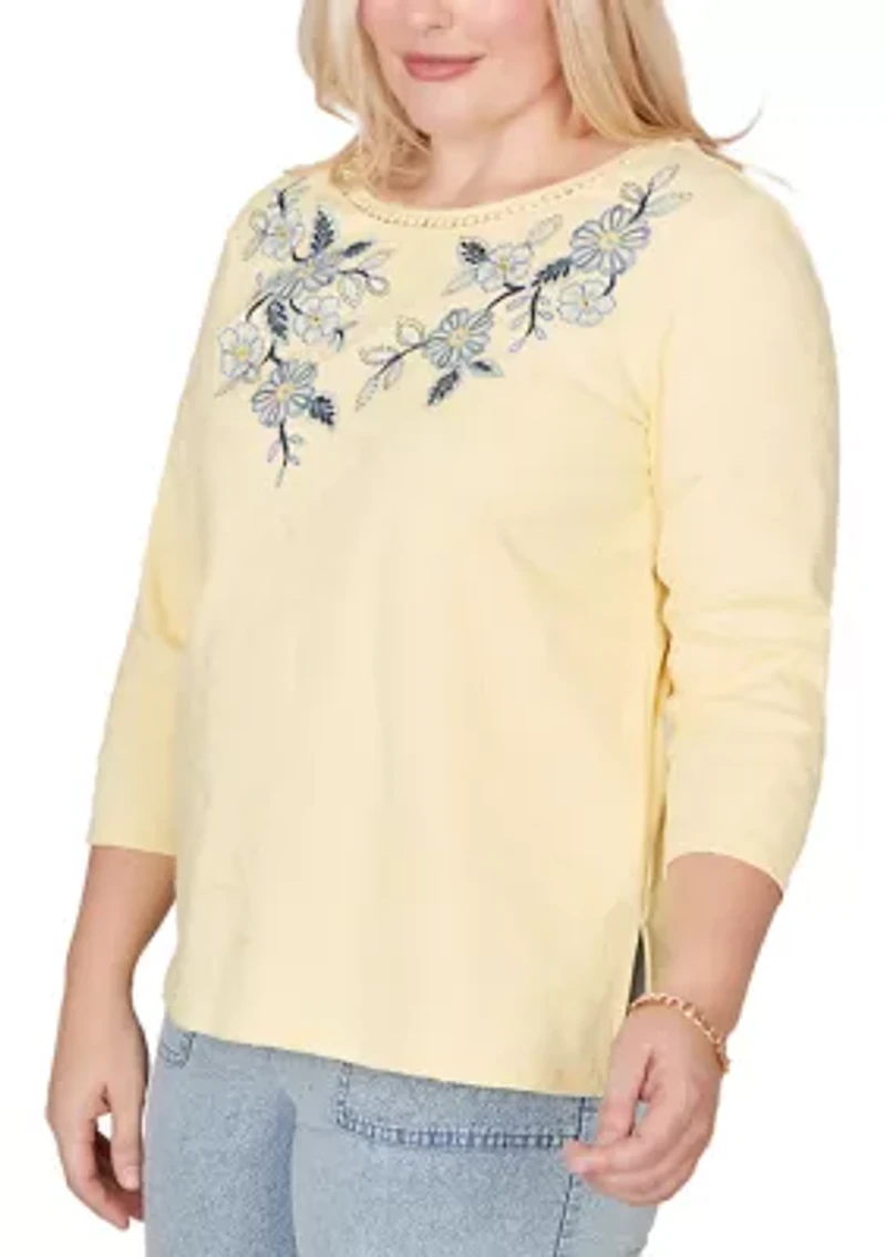 Women's Out Of The Blue Yoke Floral Embroidery Top