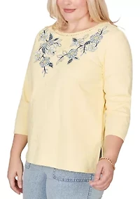 Women's Out Of The Blue Yoke Floral Embroidery Top