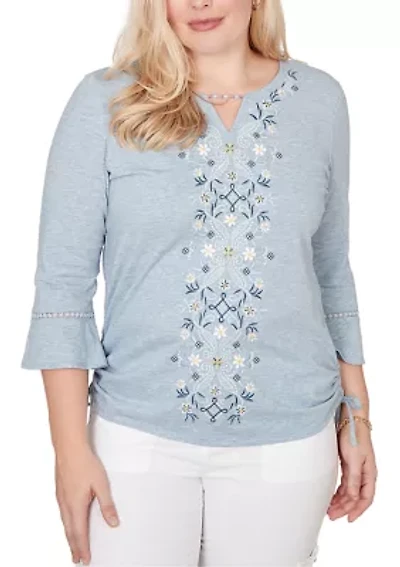 Women's Out Of The Blue Center Scroll Embroidery Top