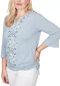 Women's Out Of The Blue Center Scroll Embroidery Top