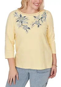 Petite Out Of The Blue Yoke Floral Embroidery Top